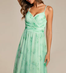 Mint Green Women's A-Line Spaghetti Strap Floral Tulle Floor Length Formal Prom Dresses