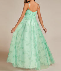 Mint Green Women's A-Line Spaghetti Strap Floral Tulle Floor Length Formal Prom Dresses