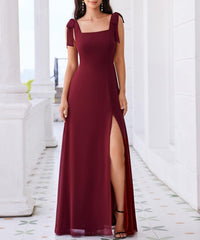 Burgundy Women's Summer Square Neck Sleeveless Bowknot A Line Split Maxi Prom Dresses