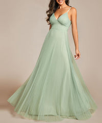 Mint Green Women's Sexy Spaghetti Strap A Line V Neck Tulle Pleated Formal Prom Dresses