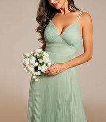Mint Green Women's Sexy Spaghetti Strap A Line V Neck Tulle Pleated Formal Prom Dresses