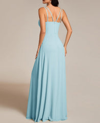 Sky Blue Women's Chiffon V-Neck Flowy Pleated Chiffon Spaghetti Straps Elegant Prom Dresses