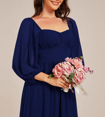 Navy Blue Women's Elegant Ruched Sweetheart Empire Waist A Line Long Sleeves Maxi Chiffon Prom Dresses