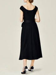 Black Formal Dress for Women A-line Long Dress with Wide Ribbon Waistband Prom Maxi Dress