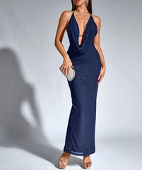 Navy Women Sexy Sequin Bodycon Maxi Dress V Neck Split Back Formal Prom Cocktail Party Long Dresses