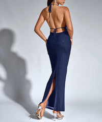 Navy Women Sexy Sequin Bodycon Maxi Dress V Neck Split Back Formal Prom Cocktail Party Long Dresses