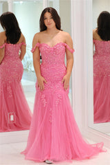 2024 Pink Floral Lace Formal Dresses Mermaid Off-Shoulder