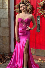 2024 Long Formal Dress Fuchsia Prom Dress Satin Strapless