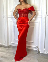 Glamorous Red Jewel Mermaid Upper Body Sequin Style Long Formal Prom Dress With Pleats