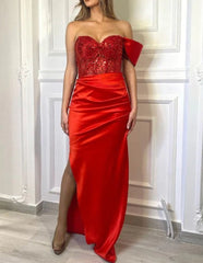 Glamorous Red Jewel Mermaid Upper Body Sequin Style Long Formal Prom Dress With Pleats
