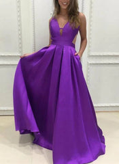 Purple V-Neck Sleeveless A-Line Prom Dress with Pockets