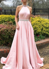 Pink Halter Sleeveless Beaded Mermaid Prom Dress