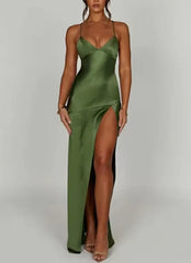 Bandage Backless Elegant Dress Split Hem Spaghetti Strap Slim Cocktail Prom Club Fashion Satin Solid Lace-Up Long Dresses