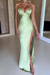 Fashion Sexy Satin Backless Camis Dress Spaghetti Strap Split Hem Silk Bodycon Casual Lace-up Summer Prom Long Dress