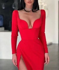 Red Sweetheart Long Sleeves Mermaid Prom Dress with Split