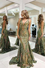 Mermaid V Neck Blue Sequin Lace Long Prom Dresses