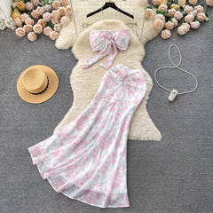 Seaside Holiday Sexy Halter top Mermaid Floral Skirt Two-piece Set HZ1024