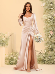 A-line V Neck Long Sleeve Satin Pleated formal dresses Bridesmaid Dresses evening gown Prom Dress with Slit
