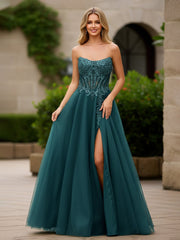 Strapless A-Line Applique Long Tulle Dress With Slit Ink Blue