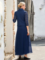 Lace Sequins 3/4 Sleeves Chiffon A-Line Long Dress Dark Navy