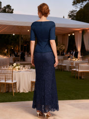 Bateau Neck Satin Lace Sheath Tea-length Dress Dark Navy
