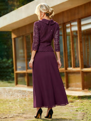 Lace Sequins 3/4 Sleeves Chiffon A-Line Long Dress Cabernet