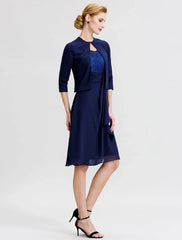 A-Line / Two Piece Jewel Neck Knee Length Chiffon / Corded Lace Mother of the Bride Dress with Sash