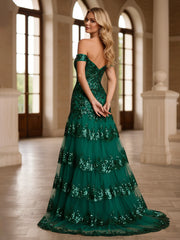 Off-Shoulder Sequin Lace Bodice Tiered Tulle Gown Dark Green