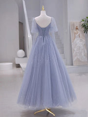 A-Line Long sleeves Beading Gray Blue Long Prom Dress, Gray Blue Formal Dress