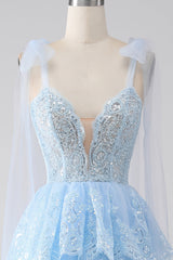 Spaghetti Straps Dark Blue Tiered Sequined Prom Dress with Appliques Sexy