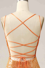 Orange Sequined Backless Mermaid Prom Dress Sparkly