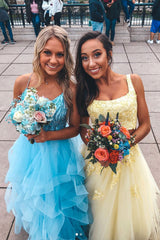 Yellow two pieces lace long prom dress, sweet 16 dress