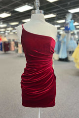 Wine Red One-Shoulder Lace-Up Ruched Short Party Dress