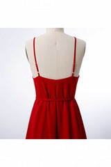 Rode chiffon spaghetti riemen backless a-line bruidsmeisje jurk met spleet
