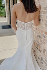 White Strapless Mermaid Long Wedding Dress with Buttons