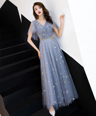 Gray blue v neck tulle long prom dress, tulle bridesmaid dress