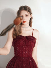 Burgundy tulle tea length prom dress, burgundy evening dress