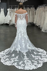 White Off-the-Shoulder Illusion Sleeves Appliques Wedding Dress