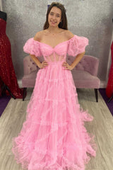 Light Blue Sheer Corset Ruffles A-Line Prom Dress with Puff Sleeves