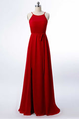 Rode chiffon spaghetti riemen backless a-line bruidsmeisje jurk met spleet