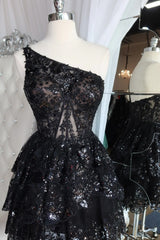 Light Blue Sequin-Embroidery One-Shoulder A-Line Homecoming Dress