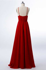 Rode chiffon spaghetti riemen backless a-line bruidsmeisje jurk met spleet