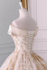Champagne Embroidered Off-the-Shoulder Wedding Dress