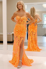 Orange Off-the-Shoulder Sequin Applique Mermaid Long Dress with Slit