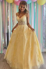 Princess Yellow V-Neck Lace-Up Back Long Prom Dress