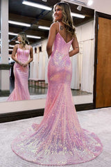 Iridescent Pink Scoop Neck Straps Trumpet Long Prom Dress
