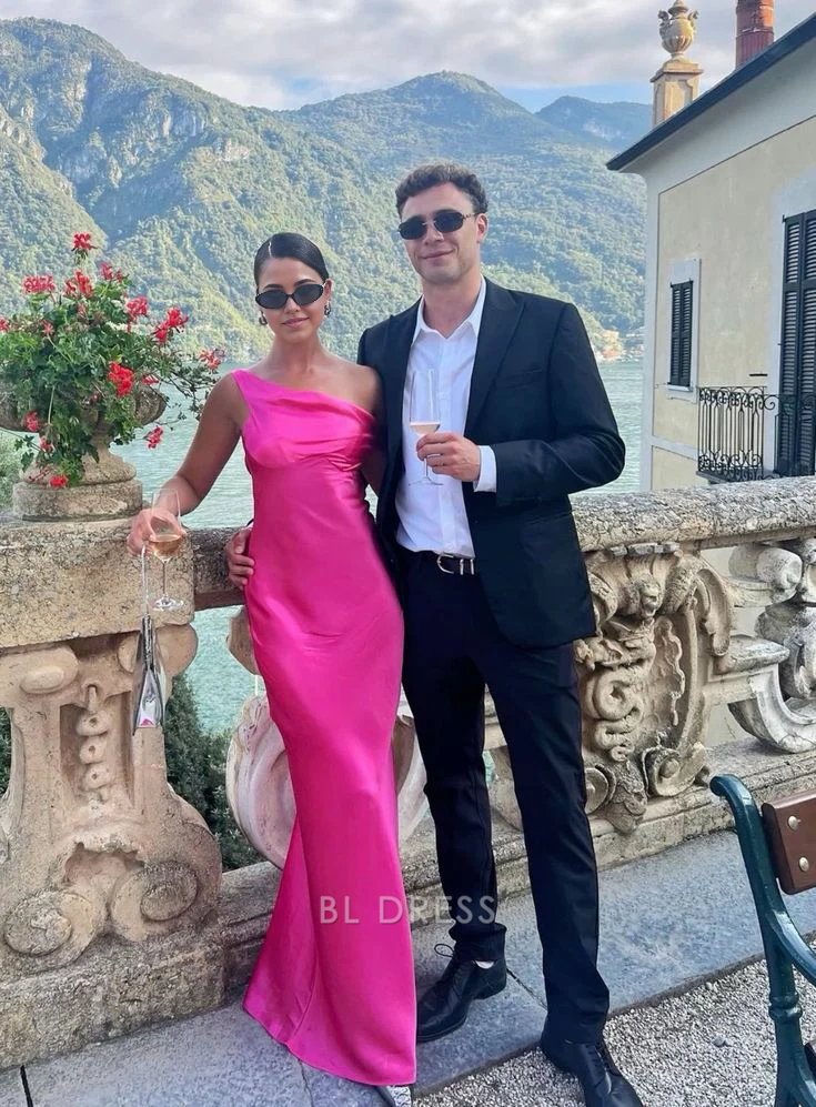 Sheath One Shoulder Satin Hot Pink Long formal dresses Bridesmaid Dresses evening gown Prom Dress