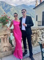 Sheath One Shoulder Satin Hot Pink Long formal dresses Bridesmaid Dresses evening gown Prom Dress