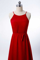 Rode chiffon spaghetti riemen backless a-line bruidsmeisje jurk met spleet