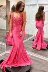 Light Blue 3D Floral Lace V-Neck Backless Trumpet Prom Dress